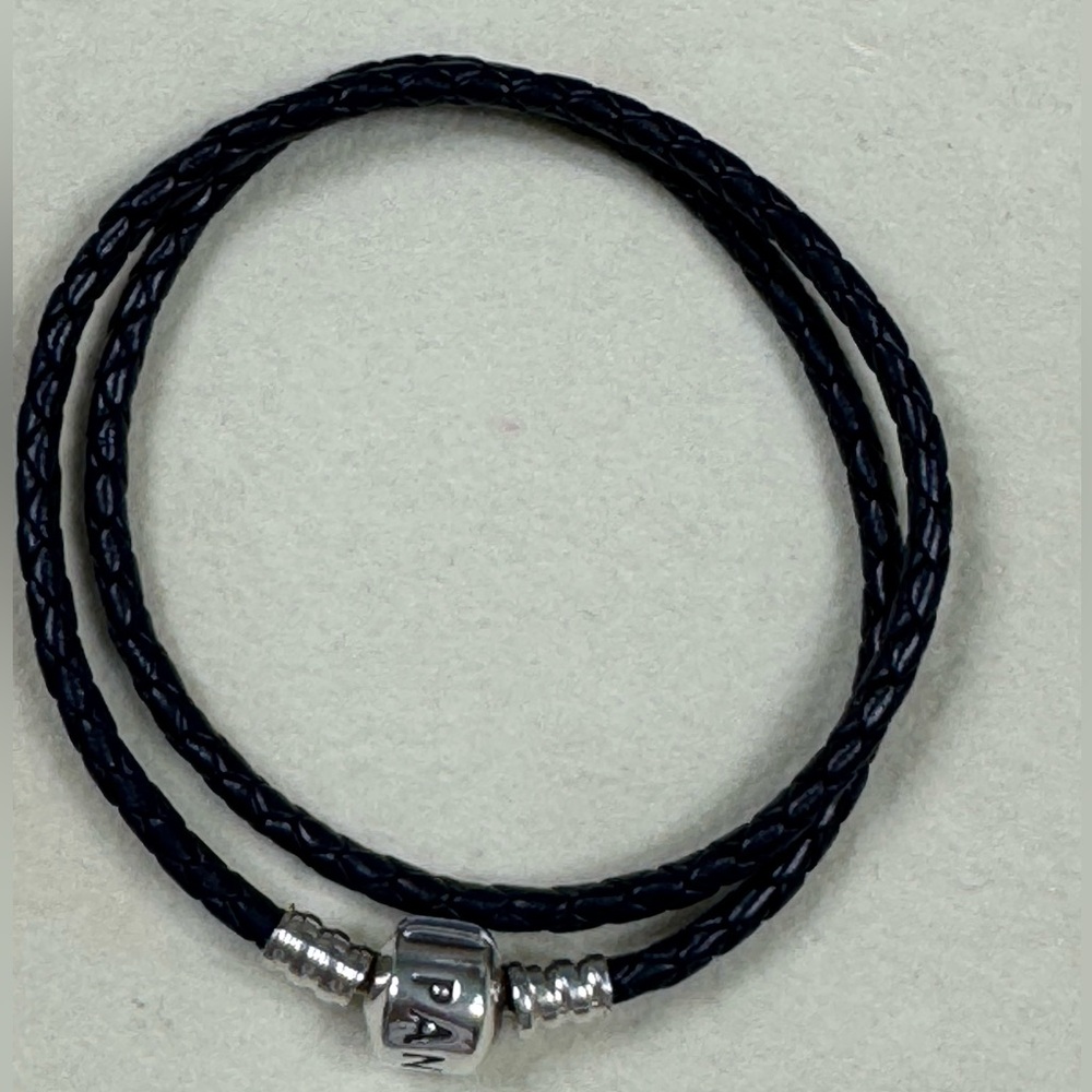 Pandora double leather D1 braided leather bracelet dark blue navy sterling